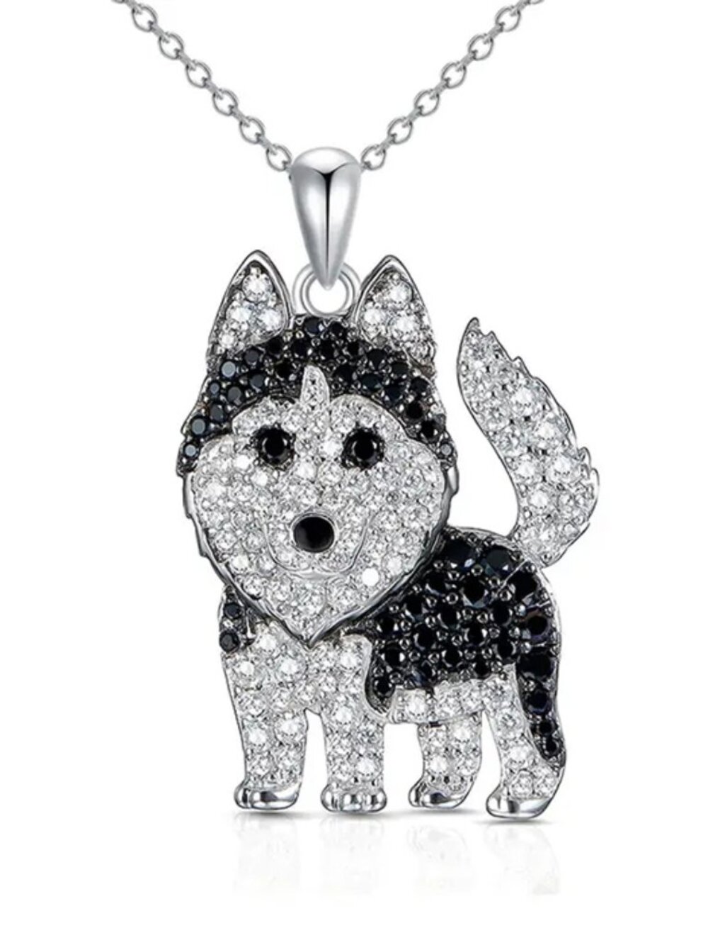 Siberian Husky Dog Breed Sterling Silver CZ Sparkle Pendant Necklace NEW